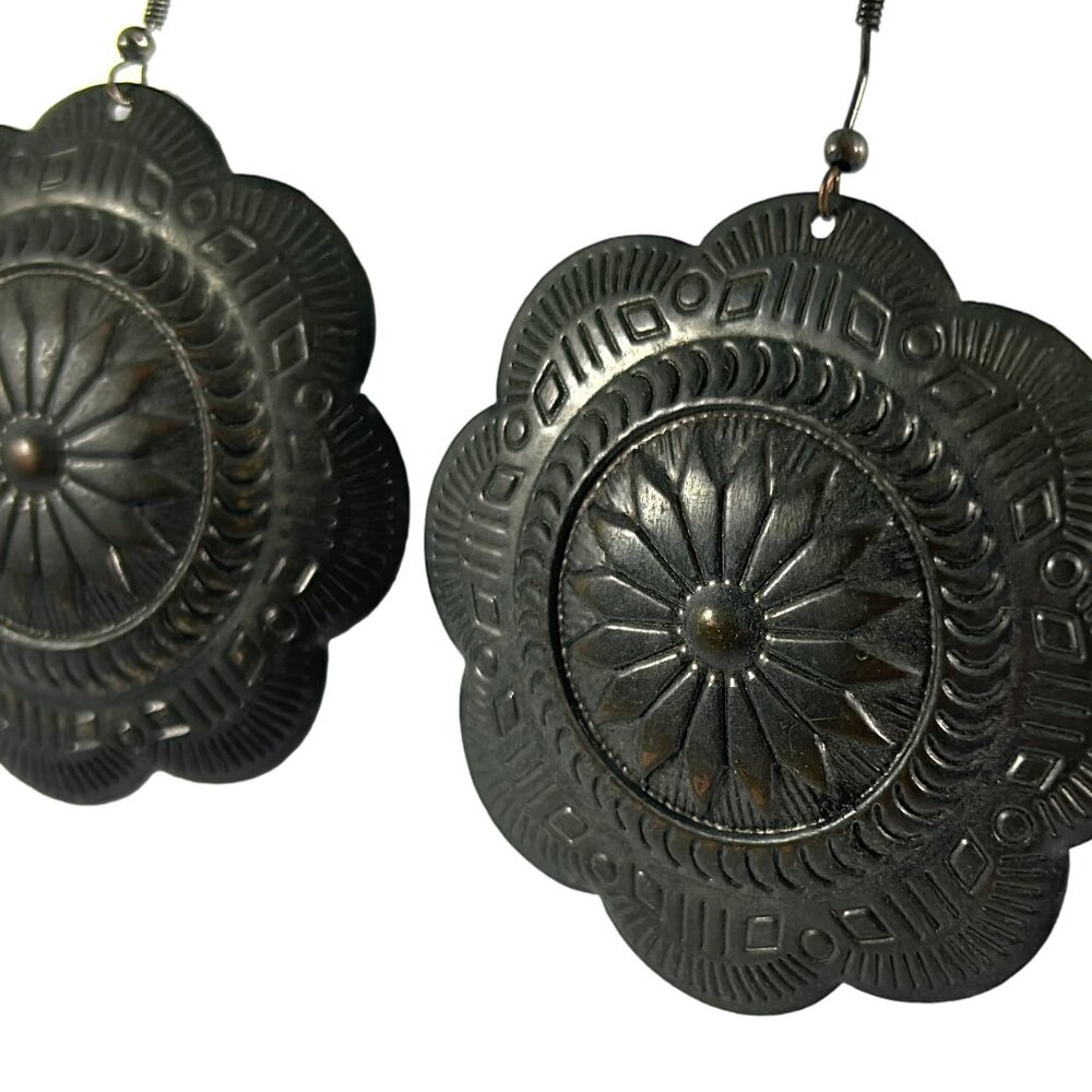 Dark Metal Large Concho Dangle Earrings Flower Western Hooks